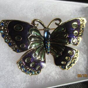 Purple Enamel/Gold Tone Trim Butterfly Brooch/Pin